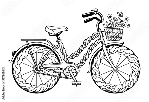 Decorative hand drawn bicycle with flowers in front basket and braided frame