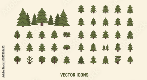Collection of various pine tree icons.