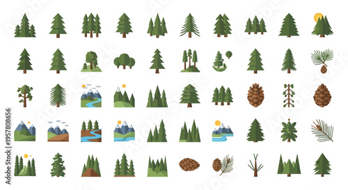 Collection of various pine tree icons.