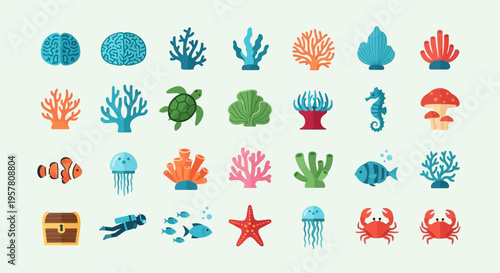 Colorful ocean sea creatures icons set.