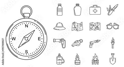 Compass with outdoor adventure icons.