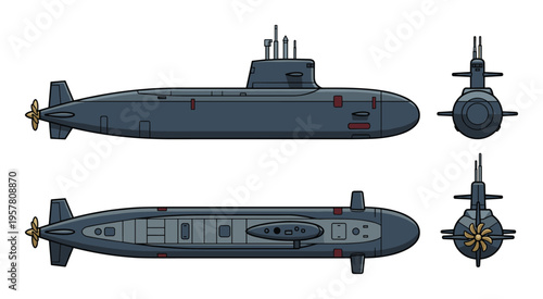 Detailed naval submarine blueprint showing side top and front views
