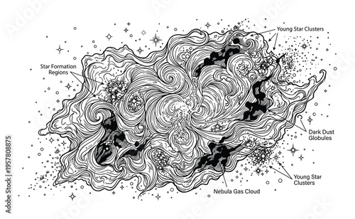 Detailed nebula gas cloud illustration with star formation regions and dark dust globules