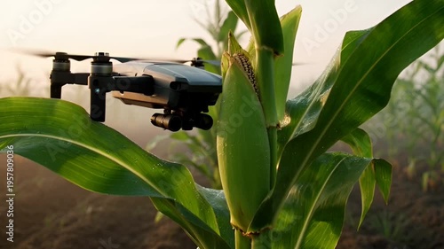Drone flying over corn plant.