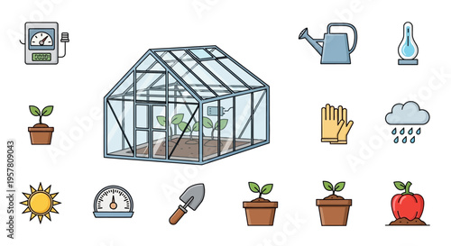 Greenhouse with gardening tools and plants.