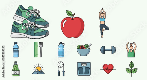 Healthy lifestyle icons with fitness equipment.
