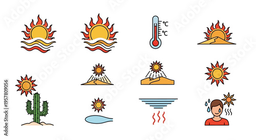 Heat wave and sun icons set.