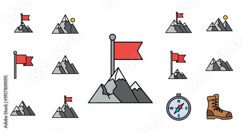Hiking trekking mountain climbing icons set.