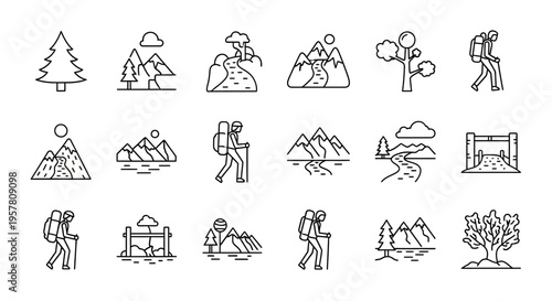 Hiking icons set with people climbing.