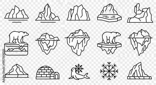 Iceberg and snowflake line icons set.