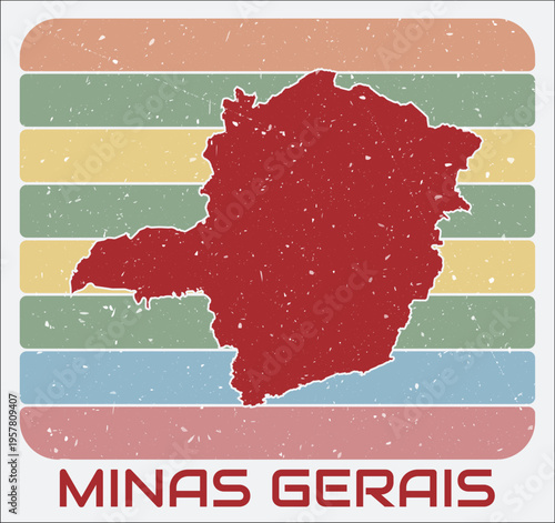 Minas Gerais, Brazil vintage logo. Shape of the state on retro colored stripes background. Minas Gerais, Brazil map design with grunge scratch texture. Vector illustration.