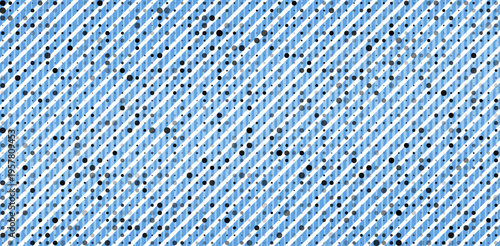 Abstract pattern with diagonal blue and white stripes, overlaid with scattered black and blue dots of varying sizes, modern and dynamic design. Eps10