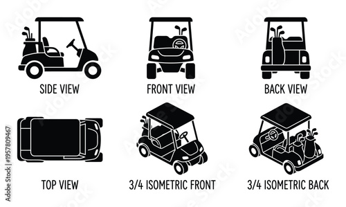 Golf cart multiple views side front back top isometric for design and illustration