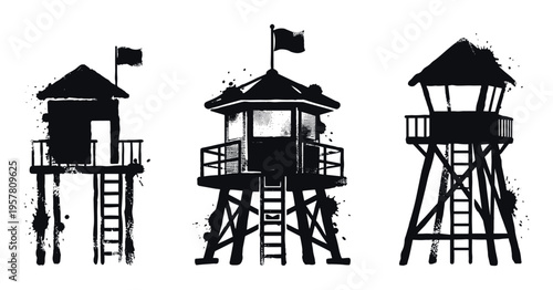 Hand drawn style lifeguard station silhouettes with flags and textured finish