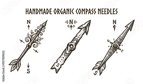 Handmade organic compass needles with tribal patterns and directional arrows