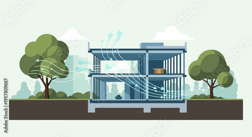 Cross-Section Illustration of Natural Ventilation and Passive Cooling in a Sustainable Building Design with Airflow Arrows