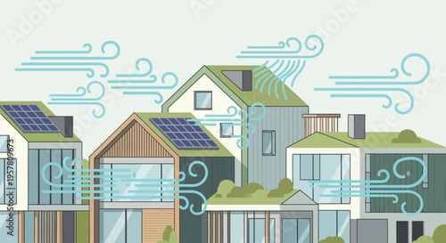 Modern Sustainable Housing Illustration with Solar Panels, Green Roofs, and Natural Wind Ventilation for Eco-Friendly Living