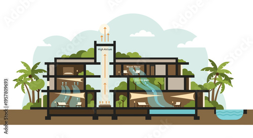 Sustainable Architecture Illustration: Cross-Section of Eco-Friendly House Showing Passive Cooling, Natural Ventilation, High Atrium, and Green Energy Systems