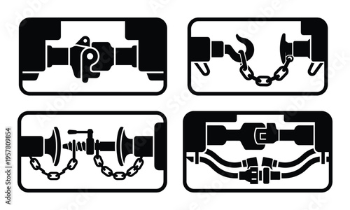 Industrial coupling and towing hitch mechanism icons for heavy duty vehicle connection systems and trailer equipment