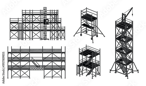Industrial construction scaffolding set with metal frames and ladder lift systems