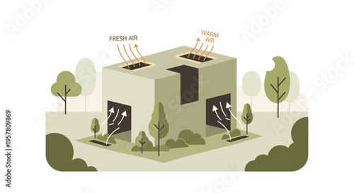 Sustainable Building Ventilation System Isometric Illustration Showing Fresh Air Circulation and Heat Exchange for Eco-Friendly Architecture