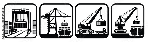 Industrial port logistics icons showing cargo cranes and shipping containers in square frames