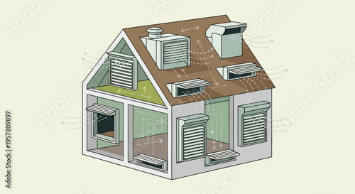 Isometric House Ventilation Diagram Showing Natural Airflow and Passive Cooling