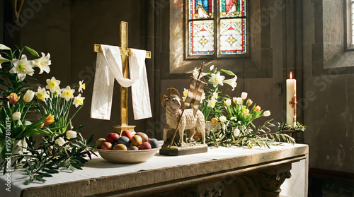 Traditional Christian Easter Altar Decoration with Lamb of God and Draped Cross