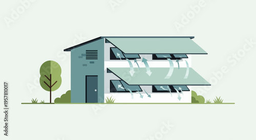 House Natural Ventilation System Illustration showing Air Circulation through Windows and Awnings for Passive Cooling and Fresh Indoor Air Quality