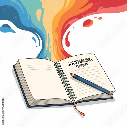 Illustration of an open journal with a pencil on top and colorful abstract background representing journaling therapy.