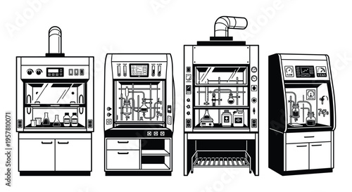 Laboratory fume hoods with various equipment and chemical apparatus inside, a collection of four types