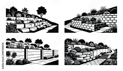 Landscaped garden walls with steps and plants, retaining wall designs