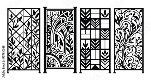 Laser cut decorative screen panels with floral and geometric patterns for architecture