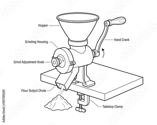 Manual grain grinder with hopper and tabletop clamp for home use