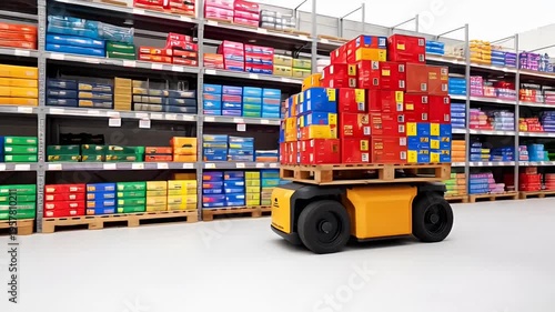 Forklift carries colorful boxes warehouse.
