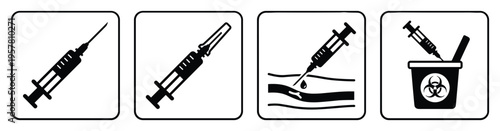 Medical syringe use and safety disposal icons set for healthcare services