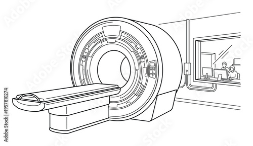 Medical MRI scanner machine in a hospital room with doctors and patient table
