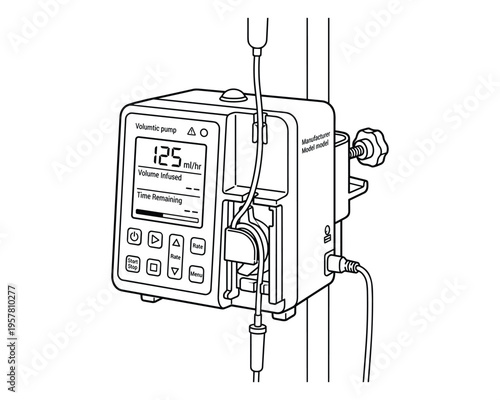 Medical volumetric infusion pump with IV drip. healthcare equipment vector illustration isolated