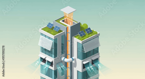 Sustainable Modern Building Illustration with Solar Panels, Green Rooftop, and Passive Cooling System