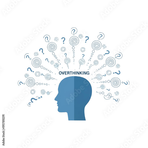 Wallpaper Mural Blue silhouette of a human head with question marks and thought bubbles on a white background representing overthinking. Torontodigital.ca