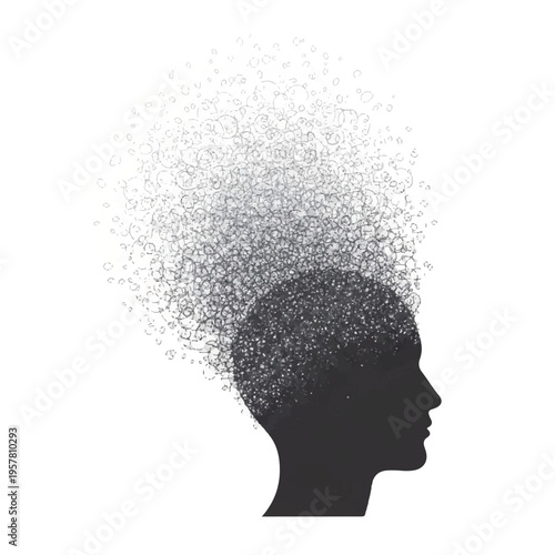 Black silhouette of a human head with a burst of small particles or thoughts emerging from it on a white background.