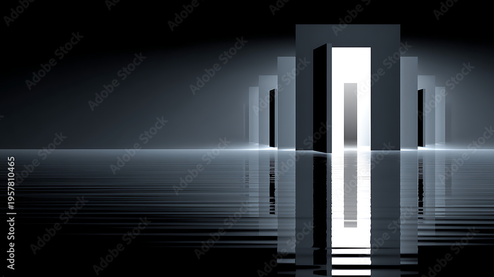 Obraz premium A dark room with a large open door in the middle