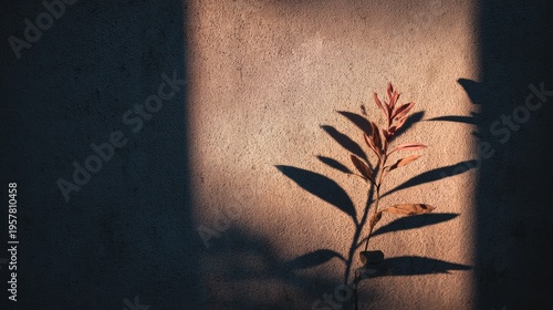 Single Plant Casting Shadow on Wall With Strong Light in Minimal Composition During Late Afternoon Hours