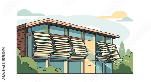 Modern Sustainable Building with Passive Cooling System and Natural Ventilation Louvers Vector Illustration