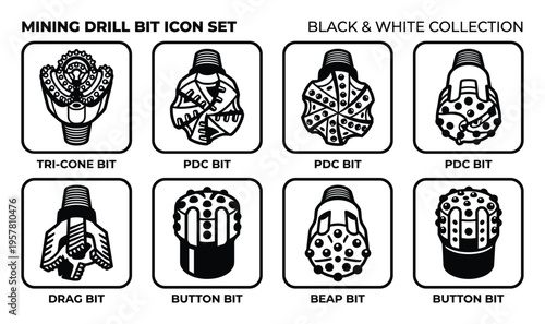 Mining drill bit icon set black and white collection with various types of drill bits for industrial use