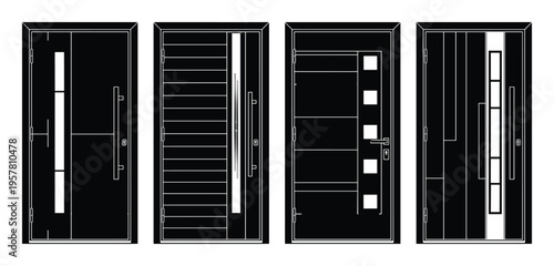 Modern entrance doors with geometric designs and handles vector set