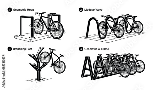 Modern bicycle rack designs including geometric hoop modular wave branching post and frame