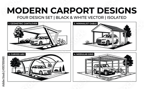 Modern carport design collection featuring geometric cantilever minimalist gable curved arc and modular grid
