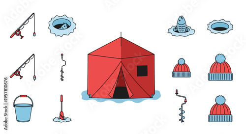 Red camping tent with accessories.