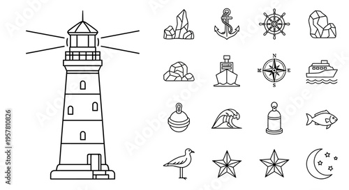 Lighthouse with Various Nautical Icons.